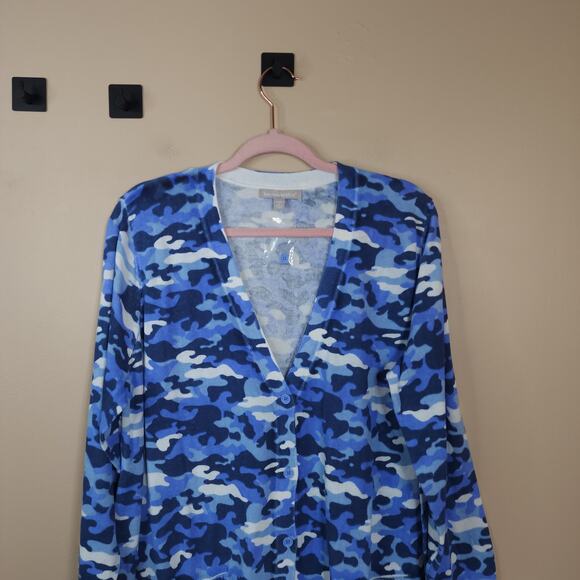 Woman Within Longer-Length Cotton Cardigan Sweater in Blue Camo Size 14/16 - Picture 2 of 9